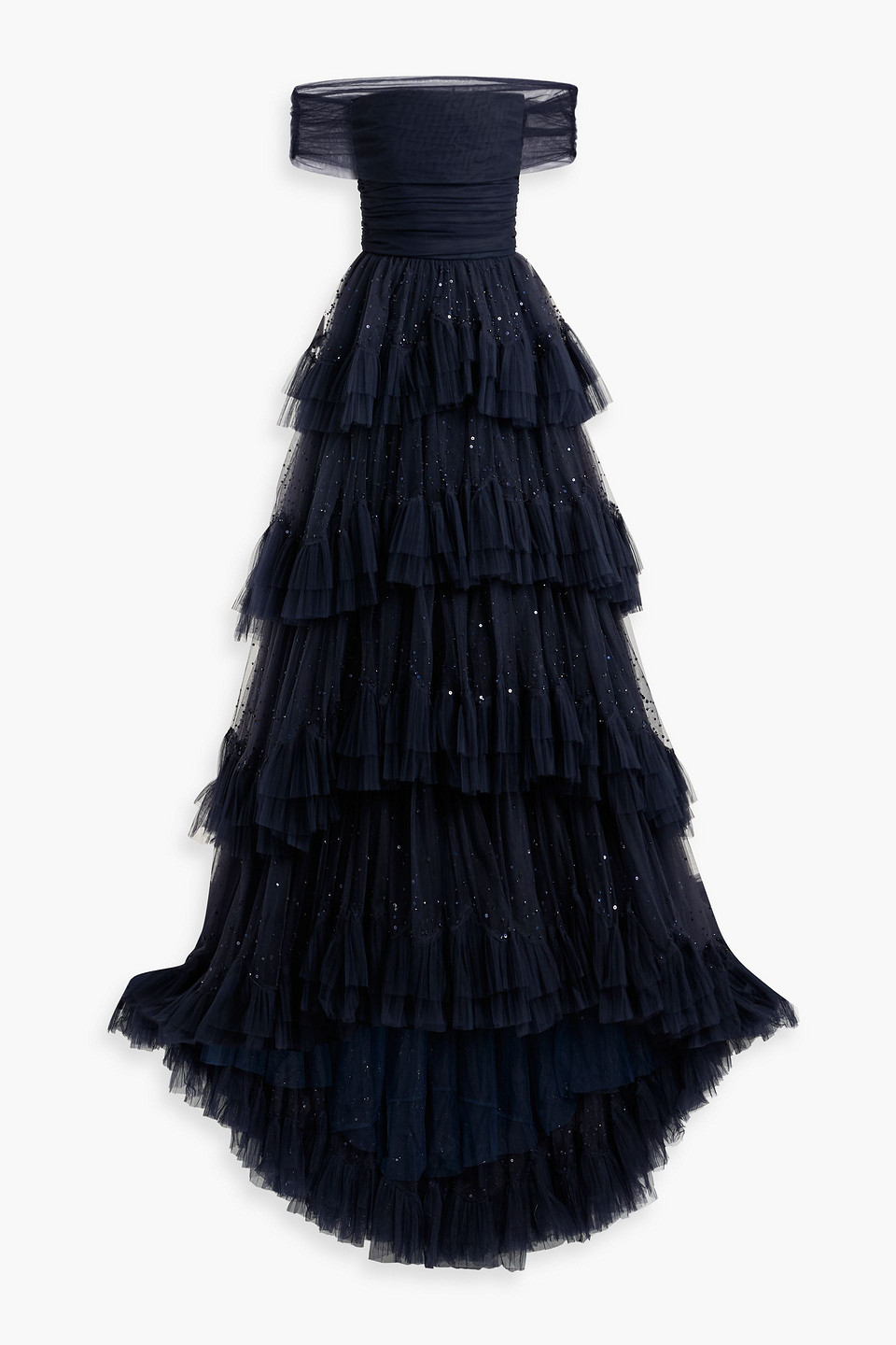 Jenny Packham Queenie Off-the-shoulder Tiered Embellished Tulle Gown In Blue