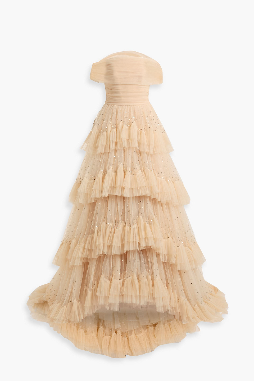 jenny packham - queenie off-the-shoulder tiered embellished tulle gown - orange - uk 8