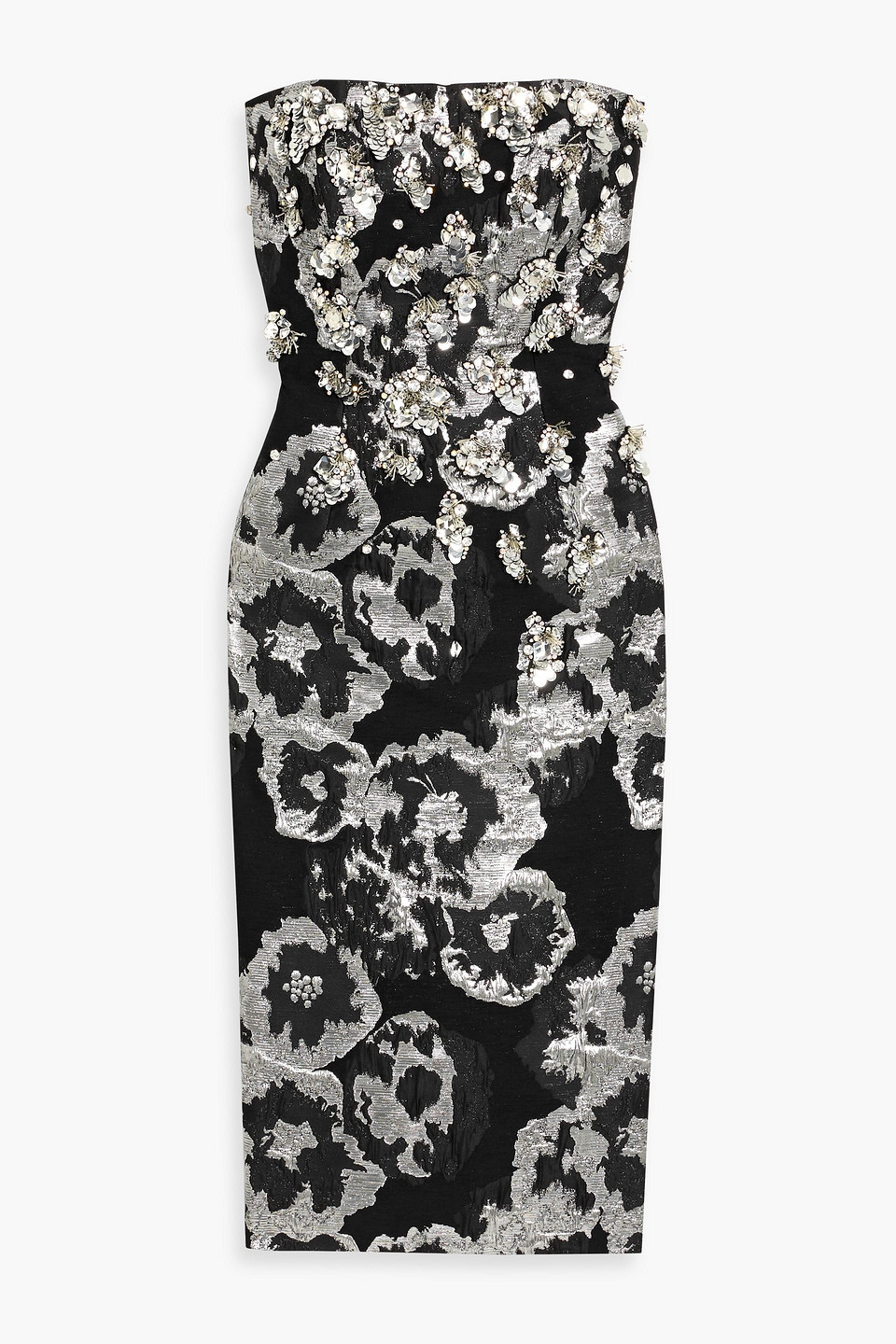 jenny packham - lotus strapless embellished cotton-blend jacquard midi dress - black - uk 6