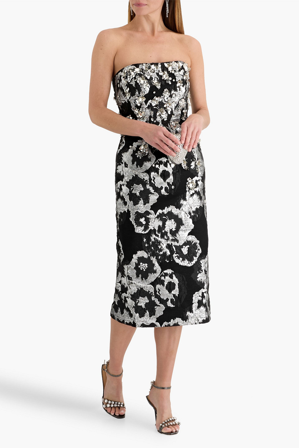  Jenny Packham - Trägerloses Midikleid „lotus“ Aus Jacquard Aus Einer Baumwollmischung Mit Verzierung - Schwarz - Uk 10 