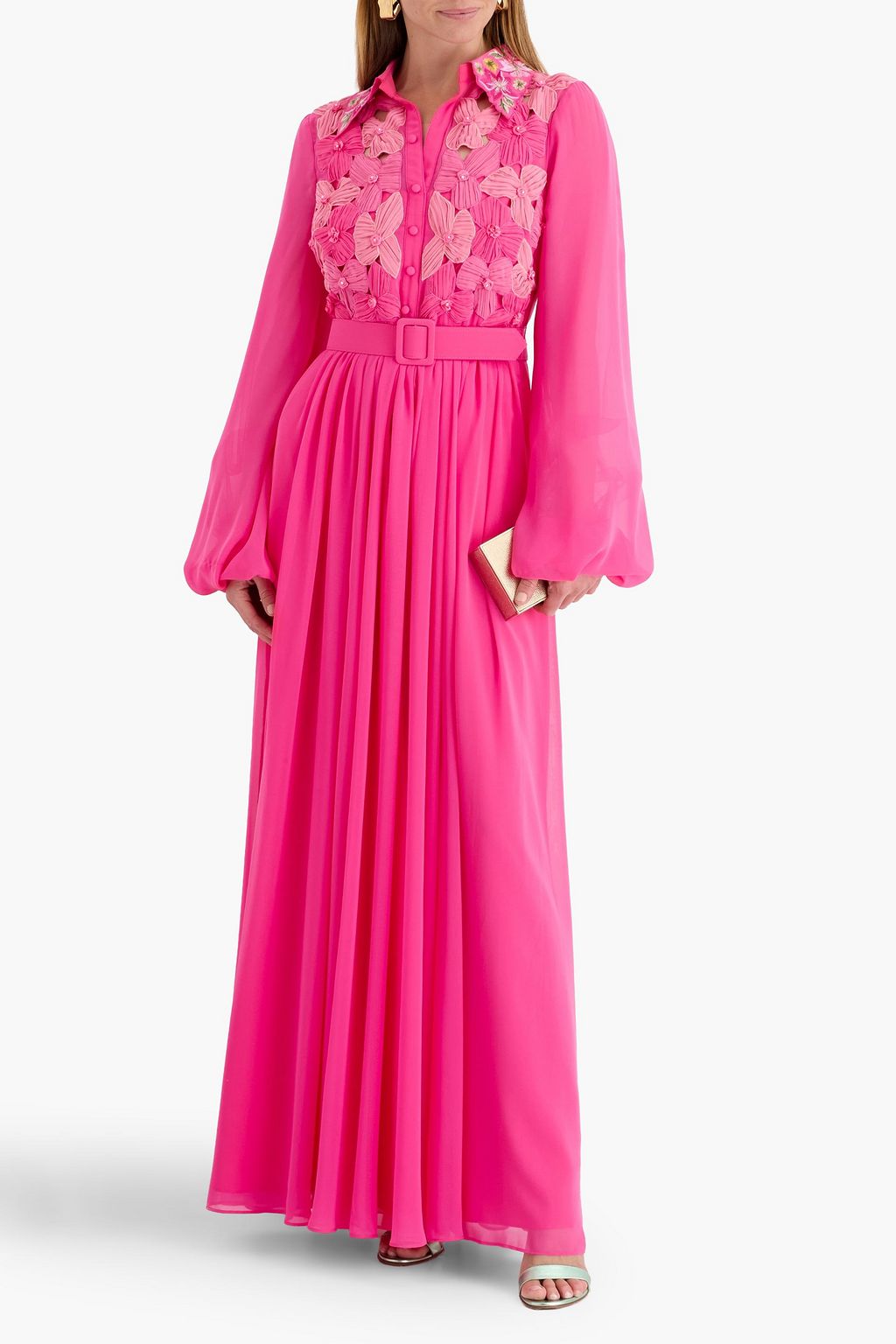 belle badgley mischka lace maxi dress BADGLEY MISCHKA Belted floral-appliquéd chiffon gown