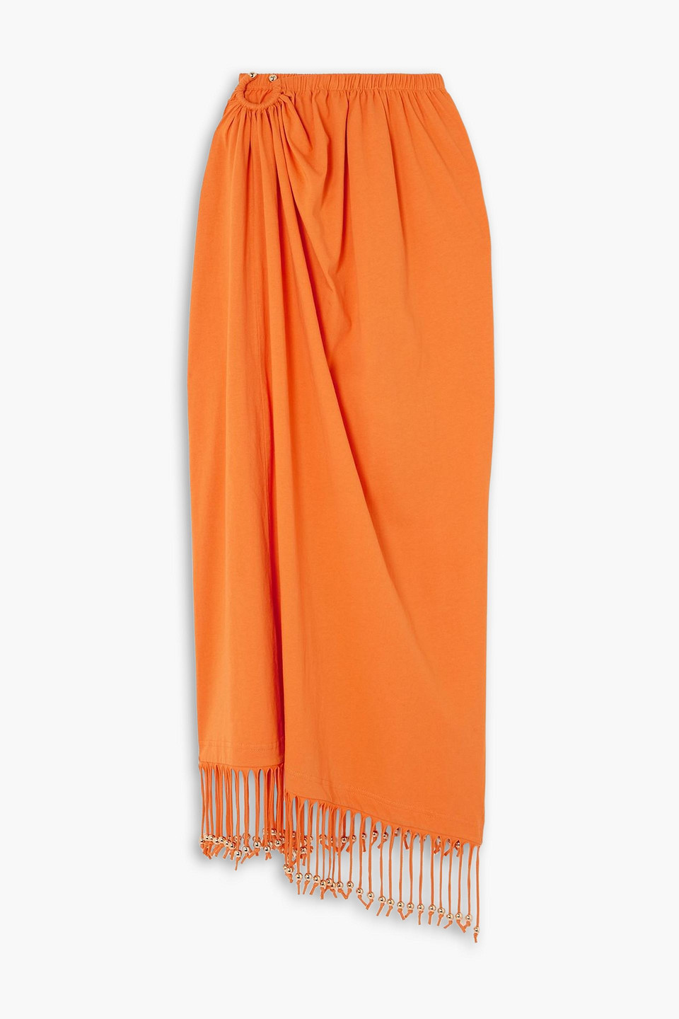 rabanne - fringed embellished gathered cotton-jersey midi skirt - orange - fr 36