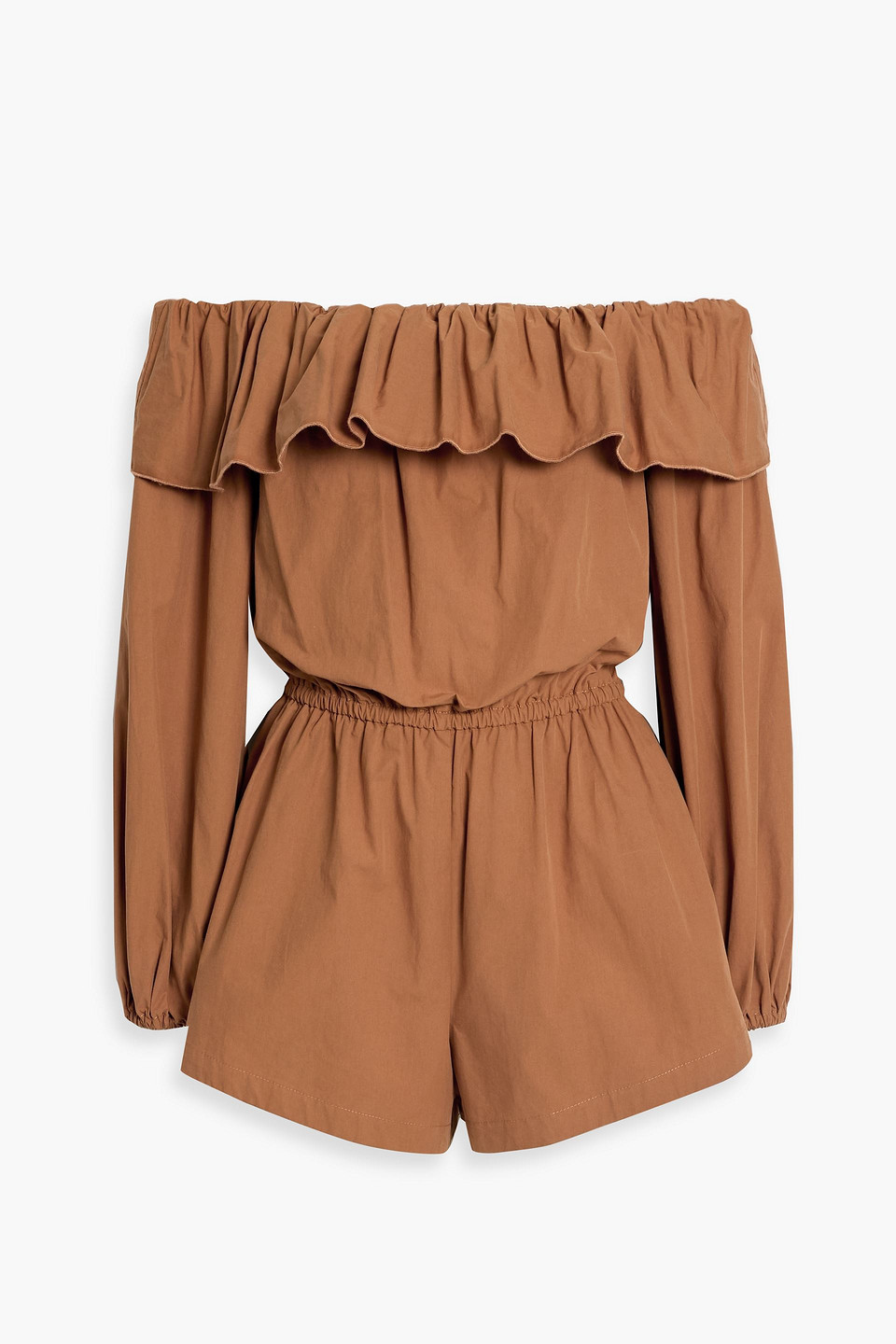ronny kobo - breatriz off-the-shoulder ruffled cotton-poplin playsuit - brown - xs