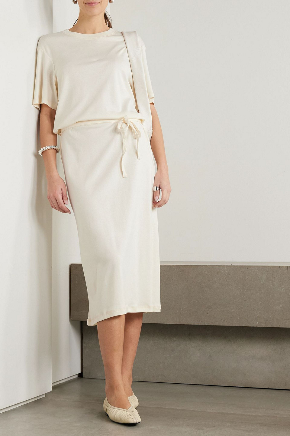  Lemaire - Midikleid Aus Baumwoll-jersey Mit Bindegürtel - Weiß - L 