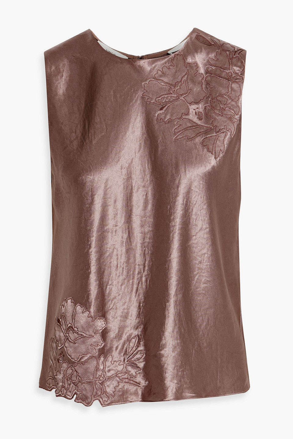 vince. - floral-appliquéd crinkled-satin top - brown - xs
