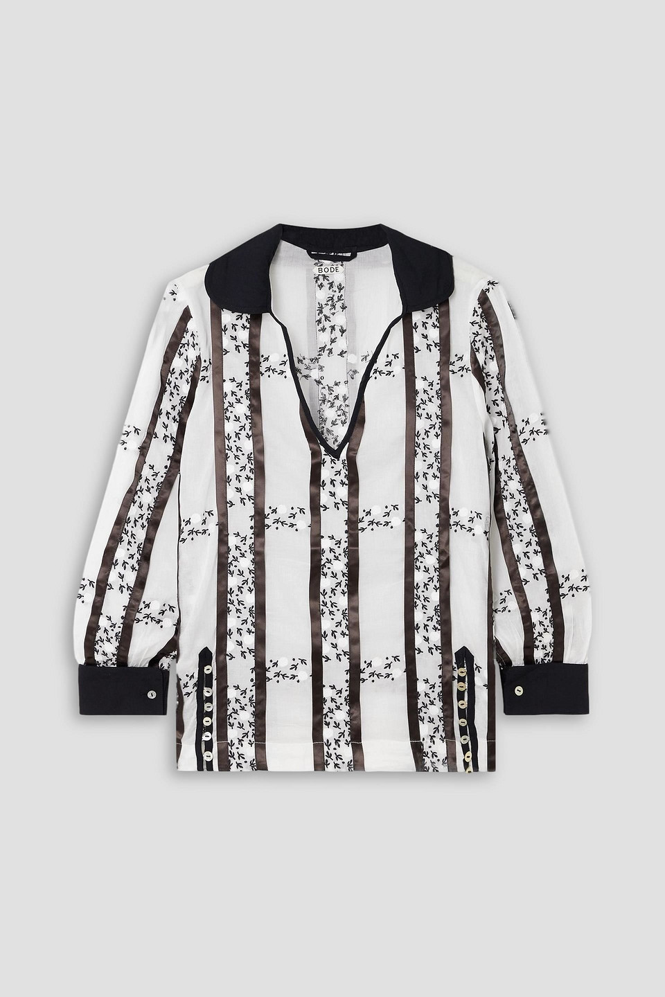 Bode Lattice Sprig Embroidered Button-embellished Satin-trimmed Cotton Blouse In White