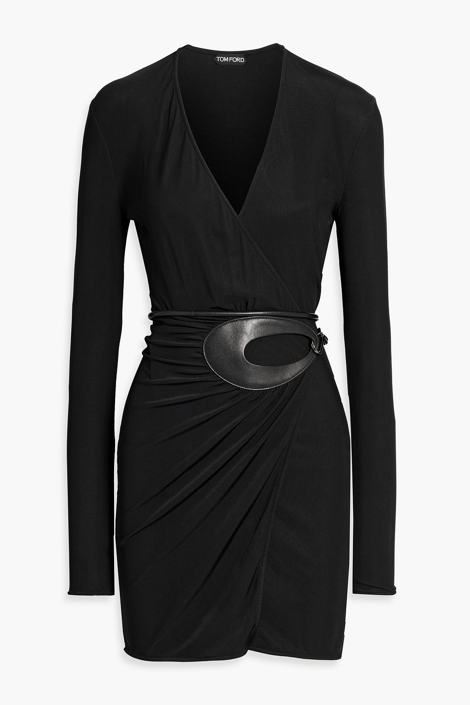 tom ford - leather-trimmed crepe mini wrap dress - black - it 36