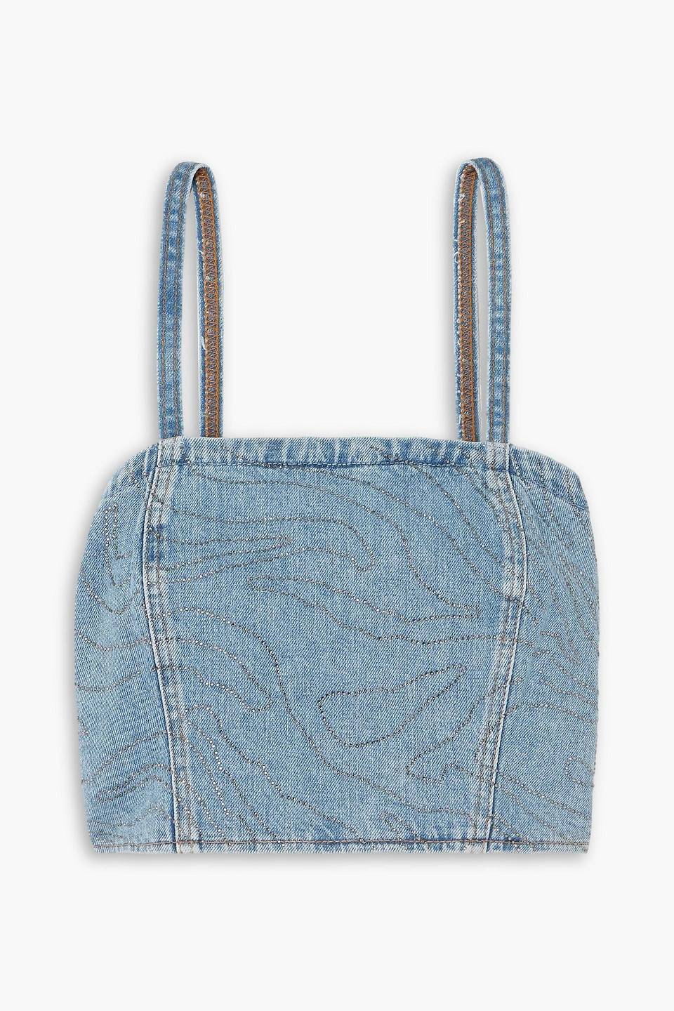 rotate birger christensen - cropped crystal-embellished denim top - blue - de 32