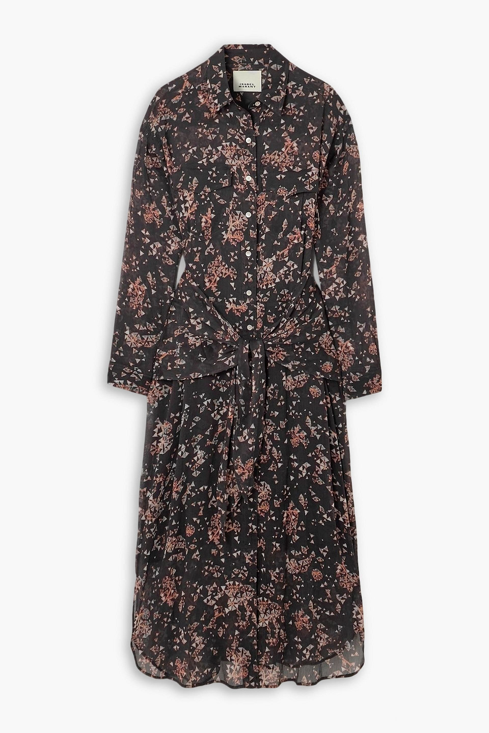 isabel marant - anesy gathered printed cotton and silk-blend crepon midi shirt dress - black - fr 36