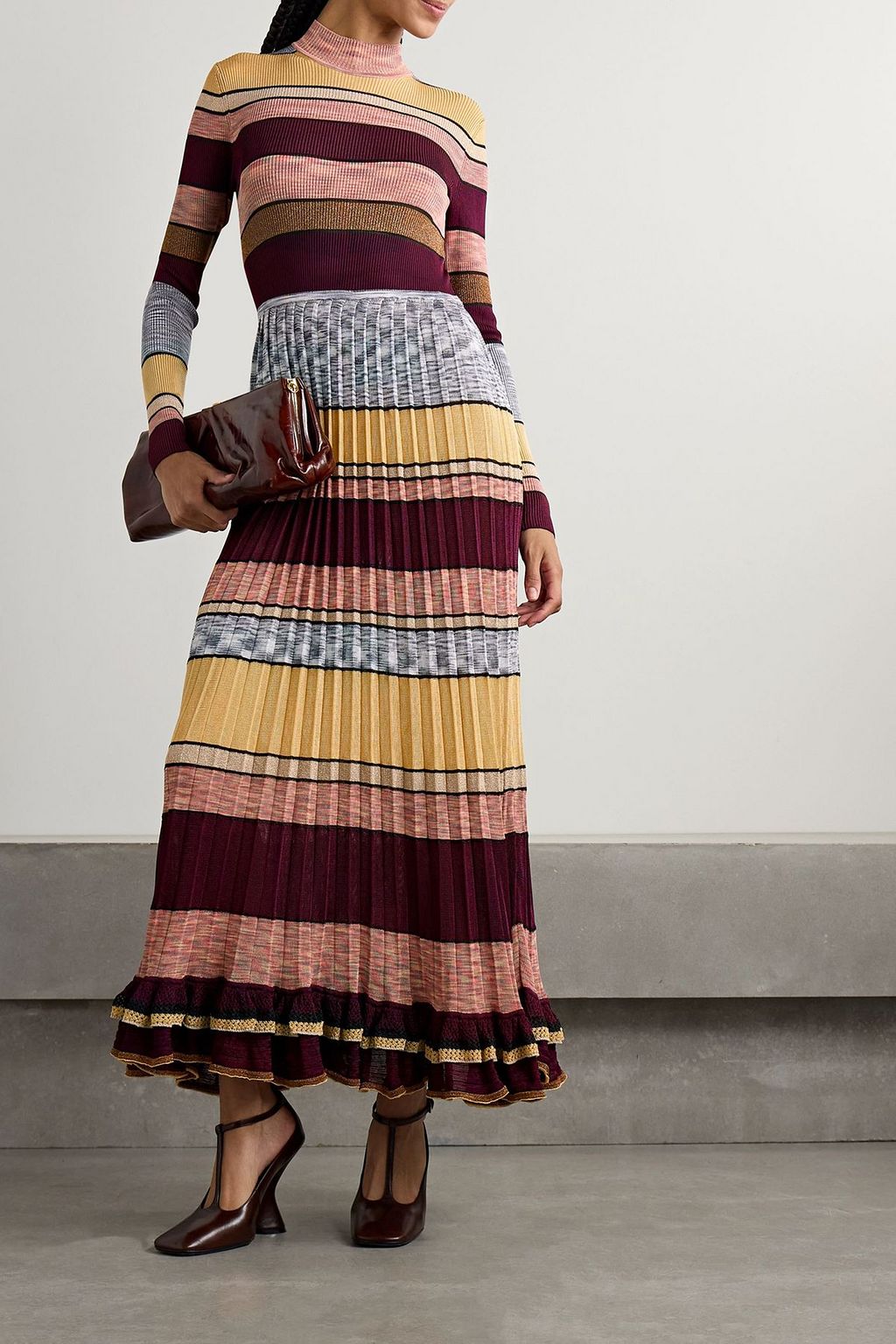 ULLA JOHNSON Evangeline striped pleated metallic knit turtleneck maxi dress | THE OUTNET ULLA JOHNSON Evangeline striped pleated metallic knit turtleneck maxi dress | THE OUTNET
