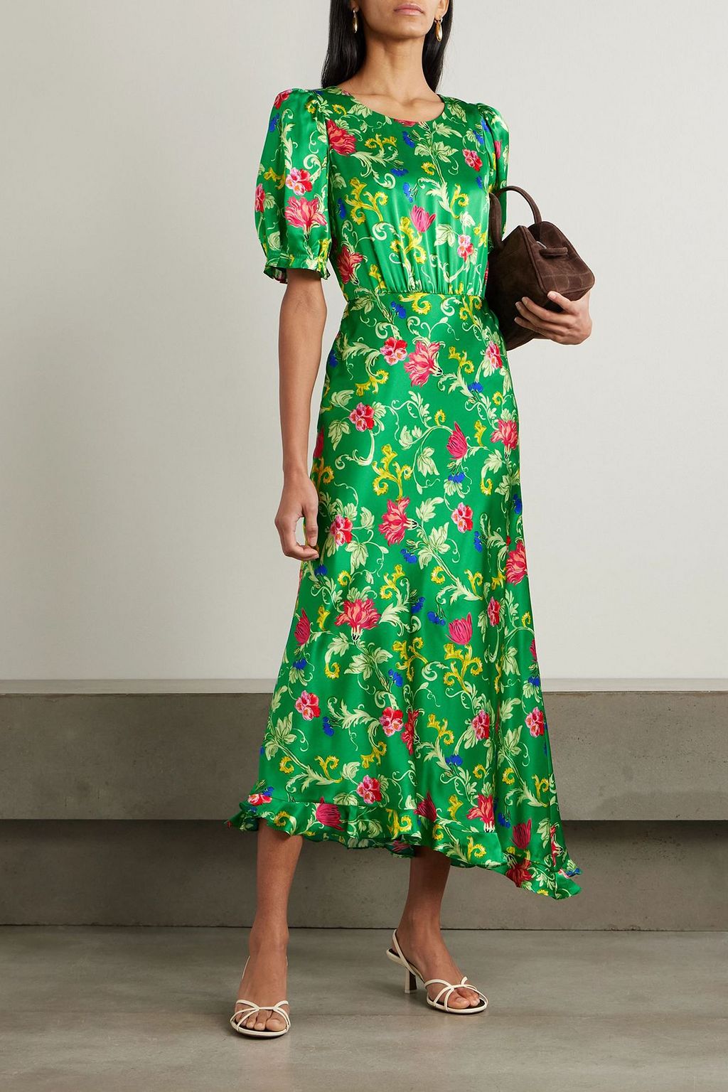 GANNI Ruched floral-print stretch-mesh maxi dress | THE OUTNET