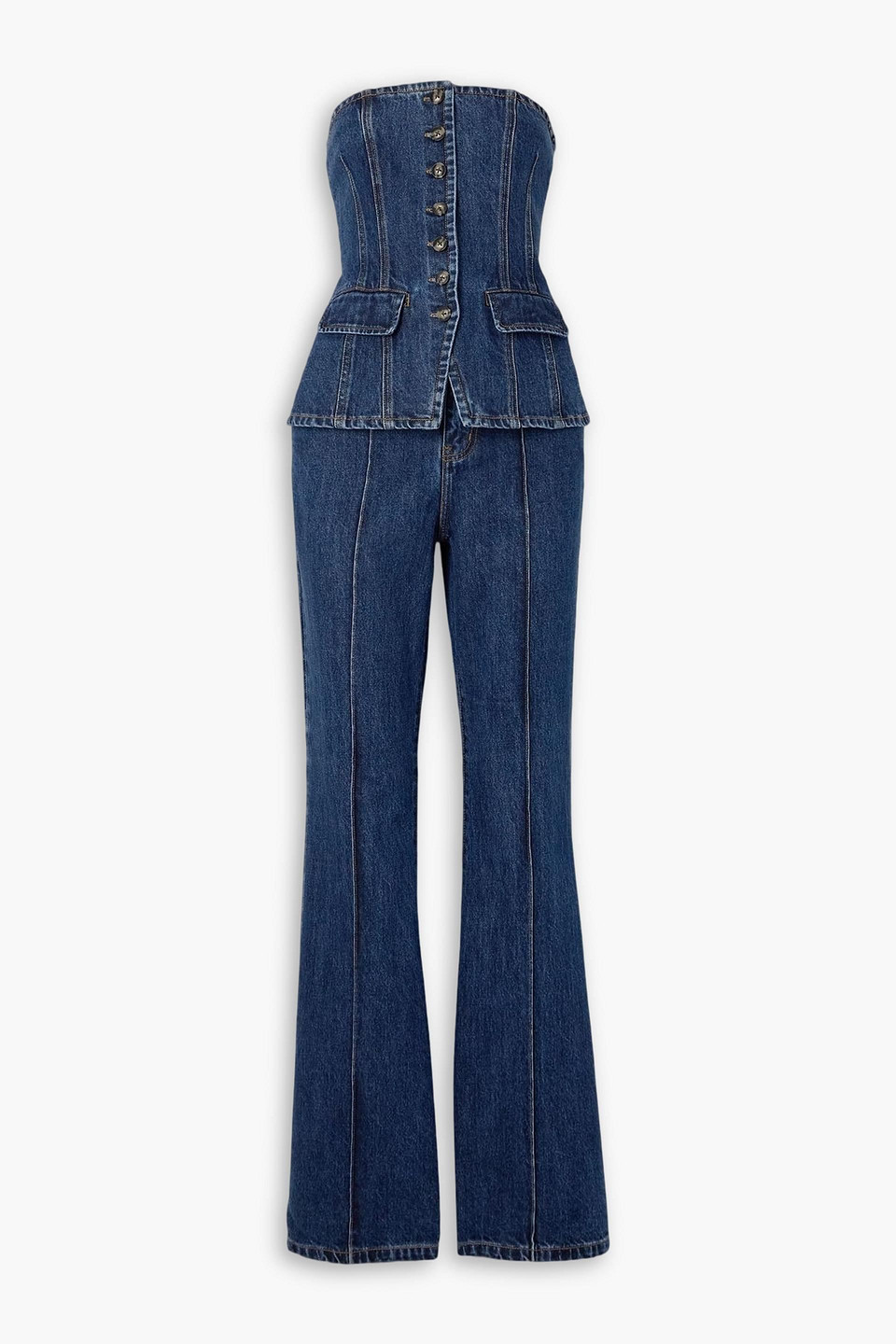 self-portrait - convertible strapless denim jumpsuit - blue - uk 14