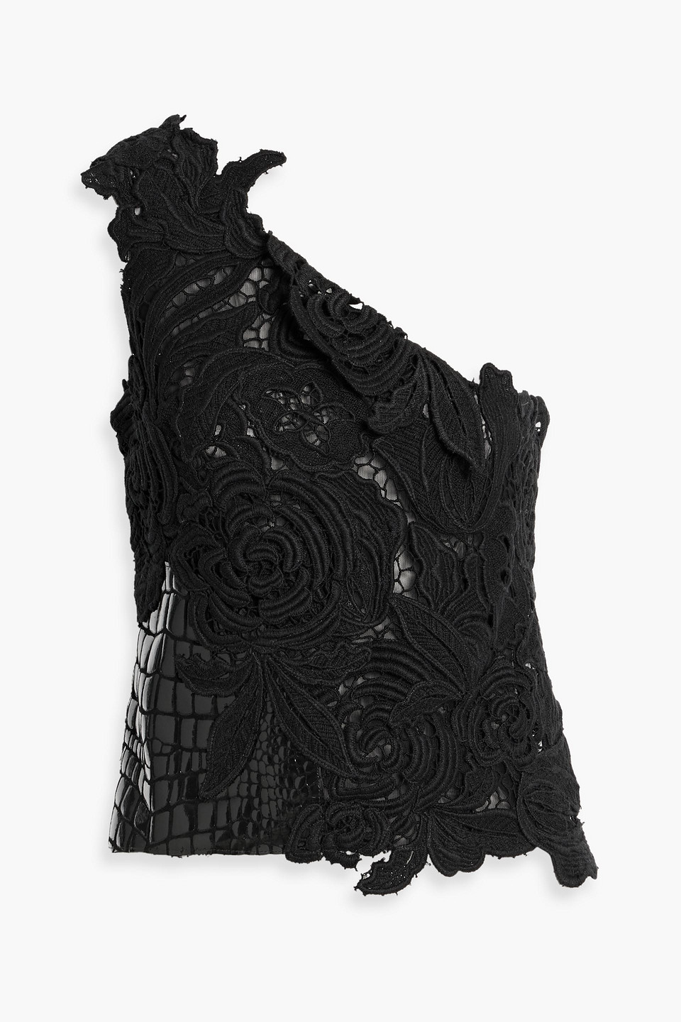 tom ford - one-shoulder croc effect leather-paneled cotton-blend guipure lace top - black - it 36