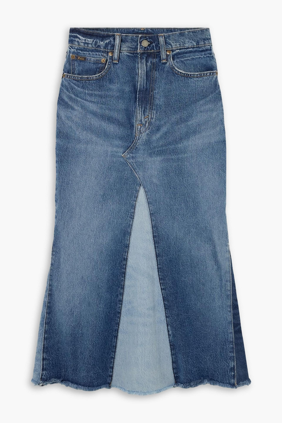 polo ralph lauren - frayed paneled denim midi skirt - blue - 28