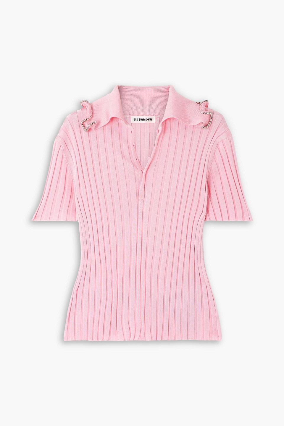 jil sander - bead-embellished ribbed-knit polo sweater - pink - fr 40