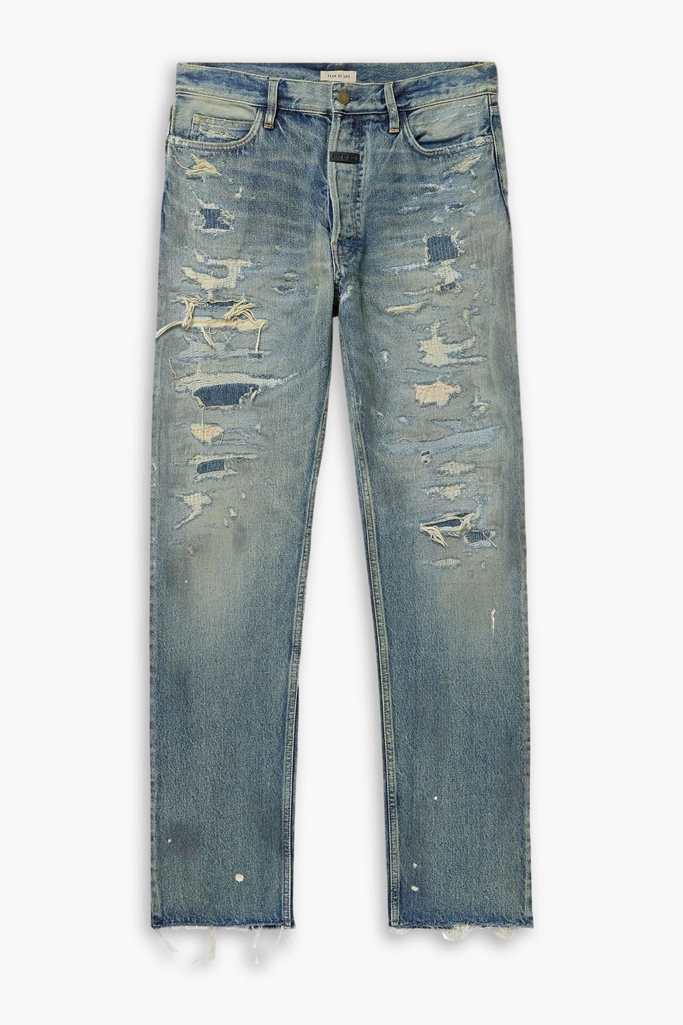 fear of god - straight-leg logo-appliquéd distressed jeans - blue - 32