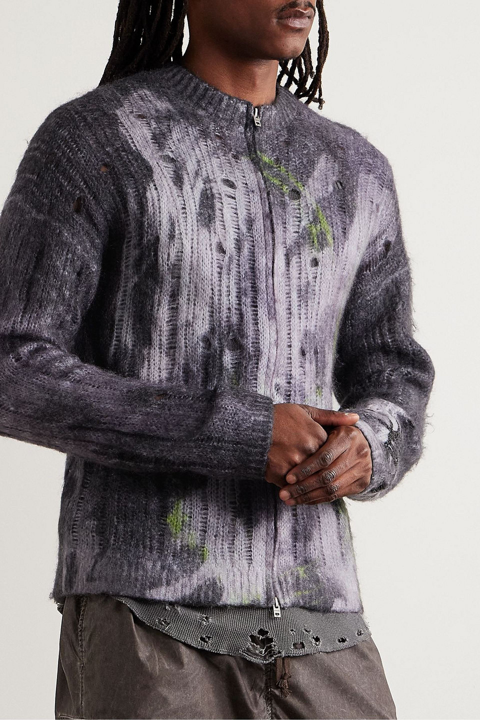  Acne Studios - Cardigan Aus Lochstrick Mit Reißverschluss Und Glitter-finish In Distressed-optik - Grau - Xxl 