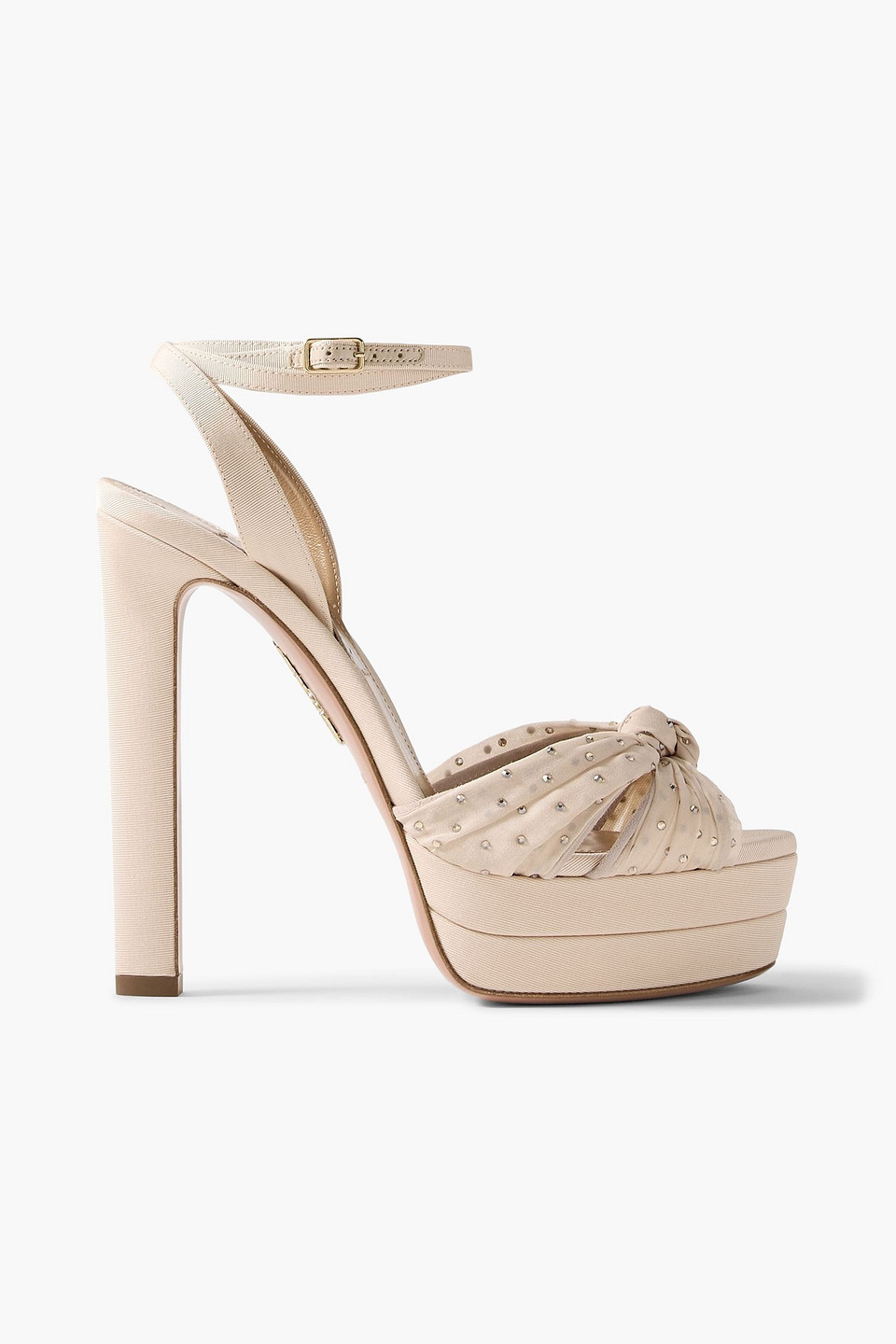 Aquazzura Slow Kisses 130 Crystal-embellished Chiffon-trimmed Grosgrain Platform Sandals In Neutral
