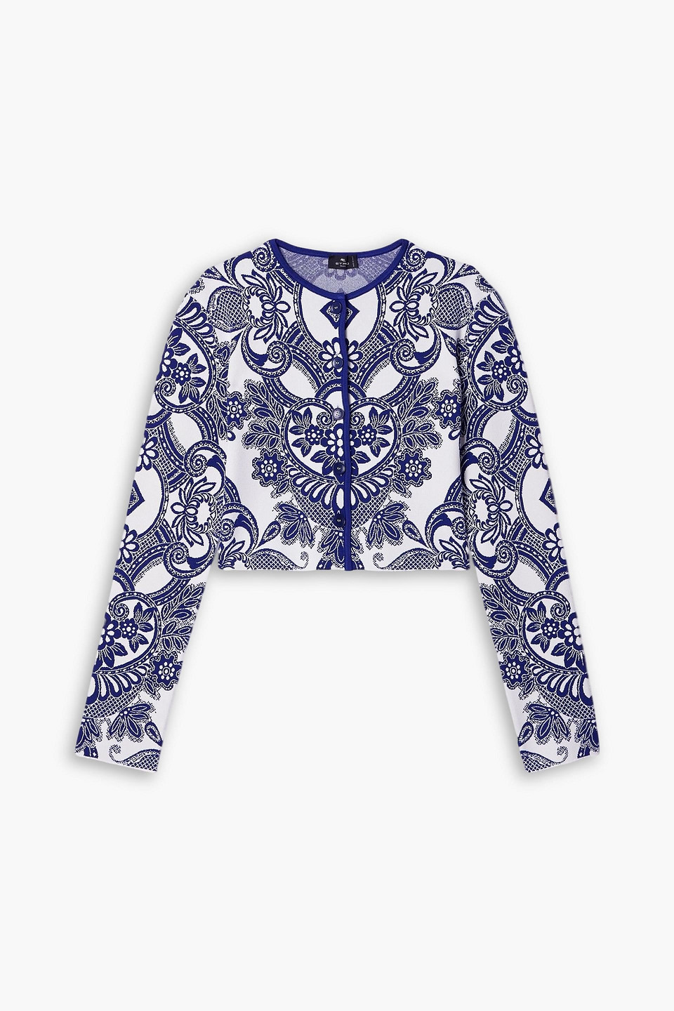 Etro Cropped Jacquard-knit Cardigan In Blue