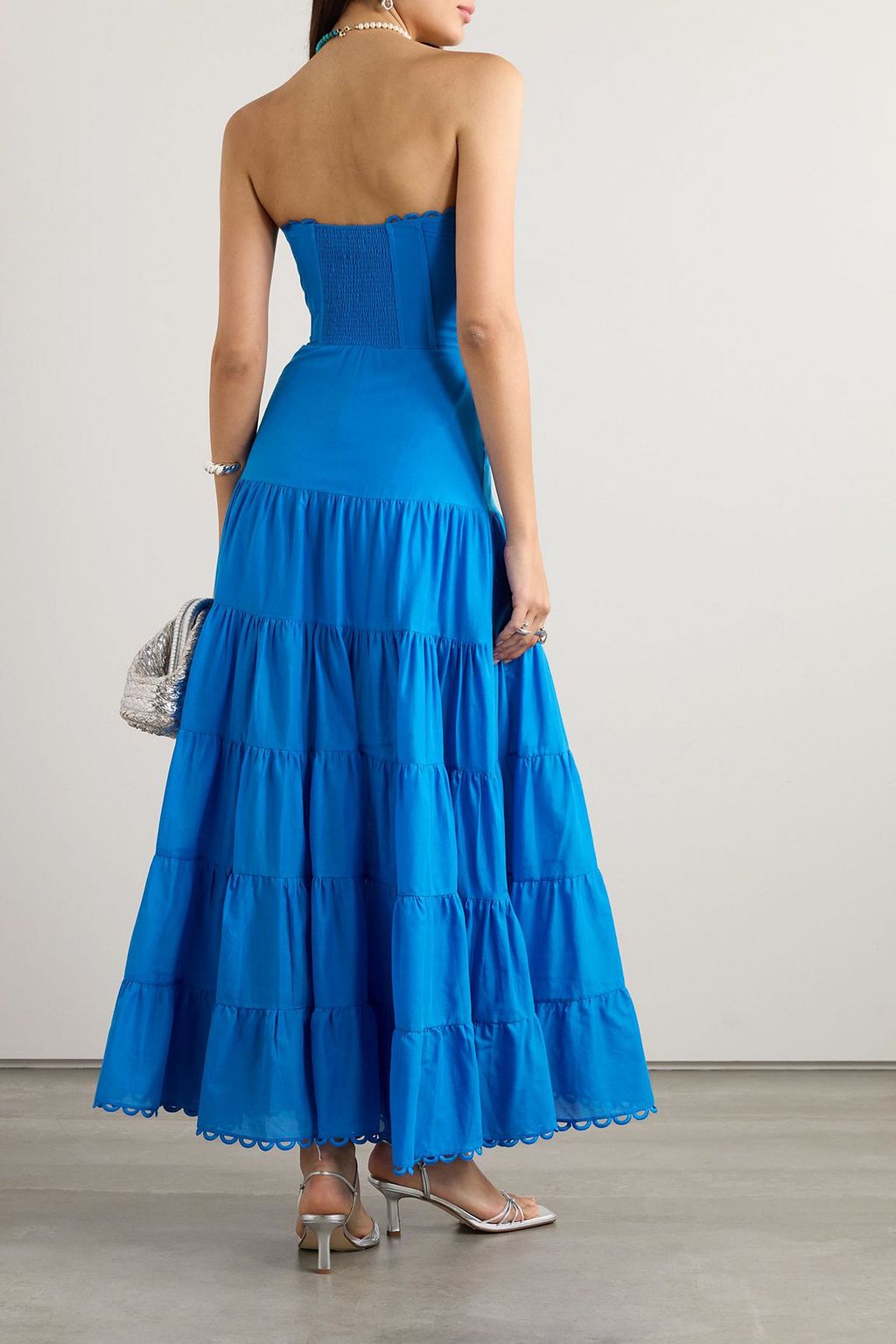 charo ruiz blue strapless dress CHARO RUIZ IBIZA Danny strapless broderie anglaise-trimmed tiered  cotton-blend voile maxi dress