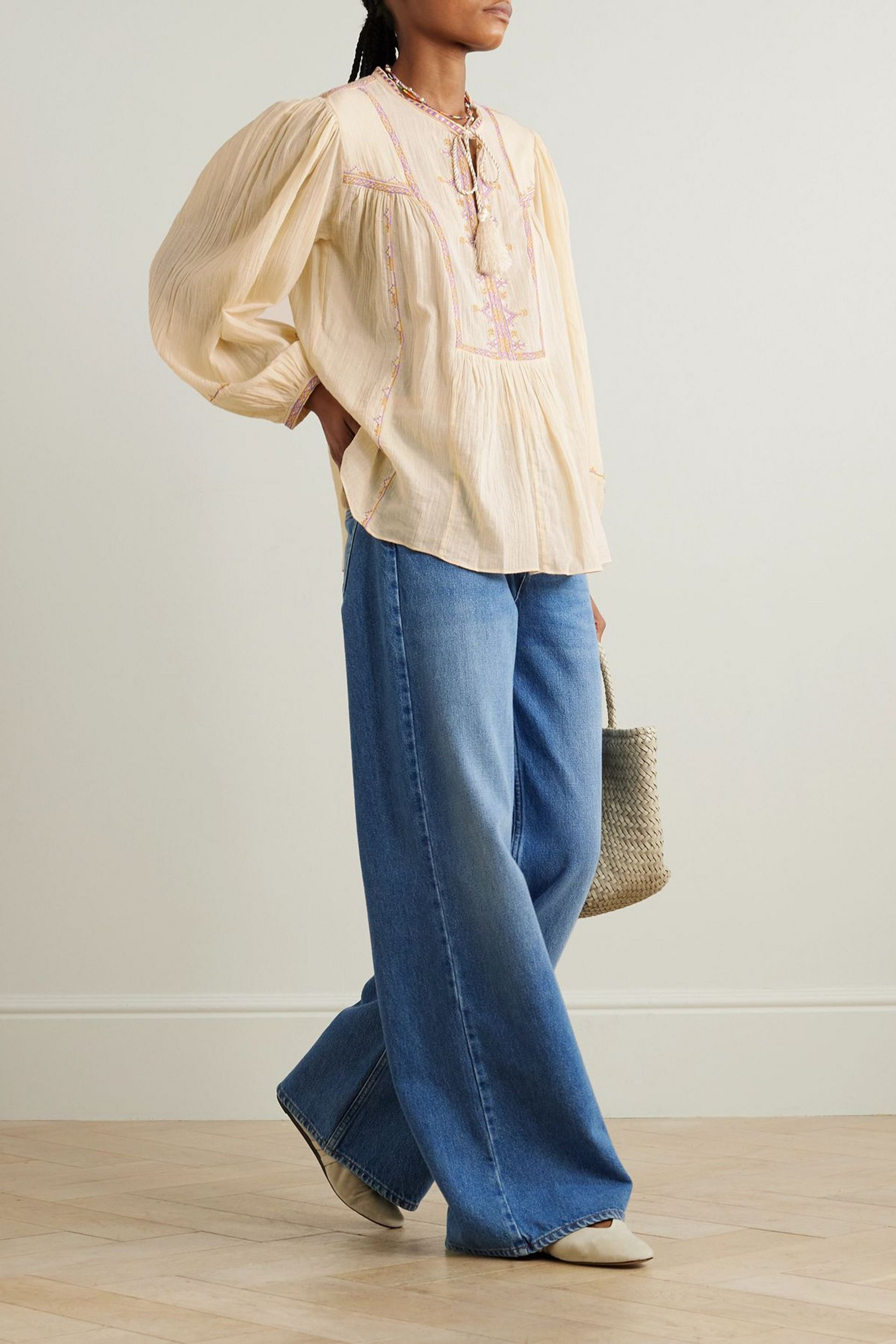Marant Étoile Sileka tie-detailed embroidered cotton-gauze blouse