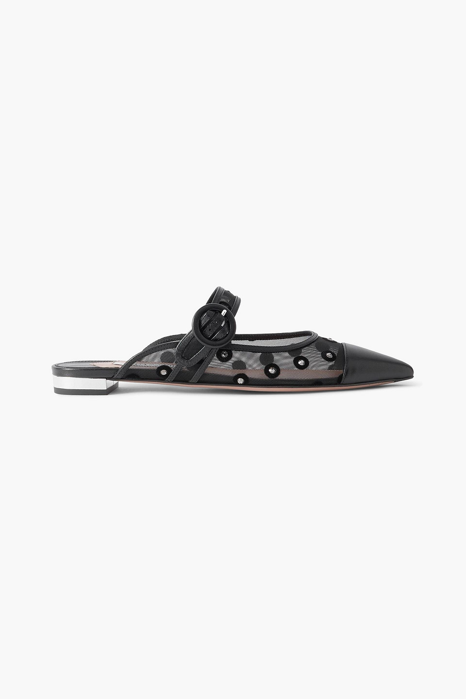 aquazzura - darling daisy crystal-embellished flocked polka-dot leather-trimmed mesh mules - black - eu 39.5