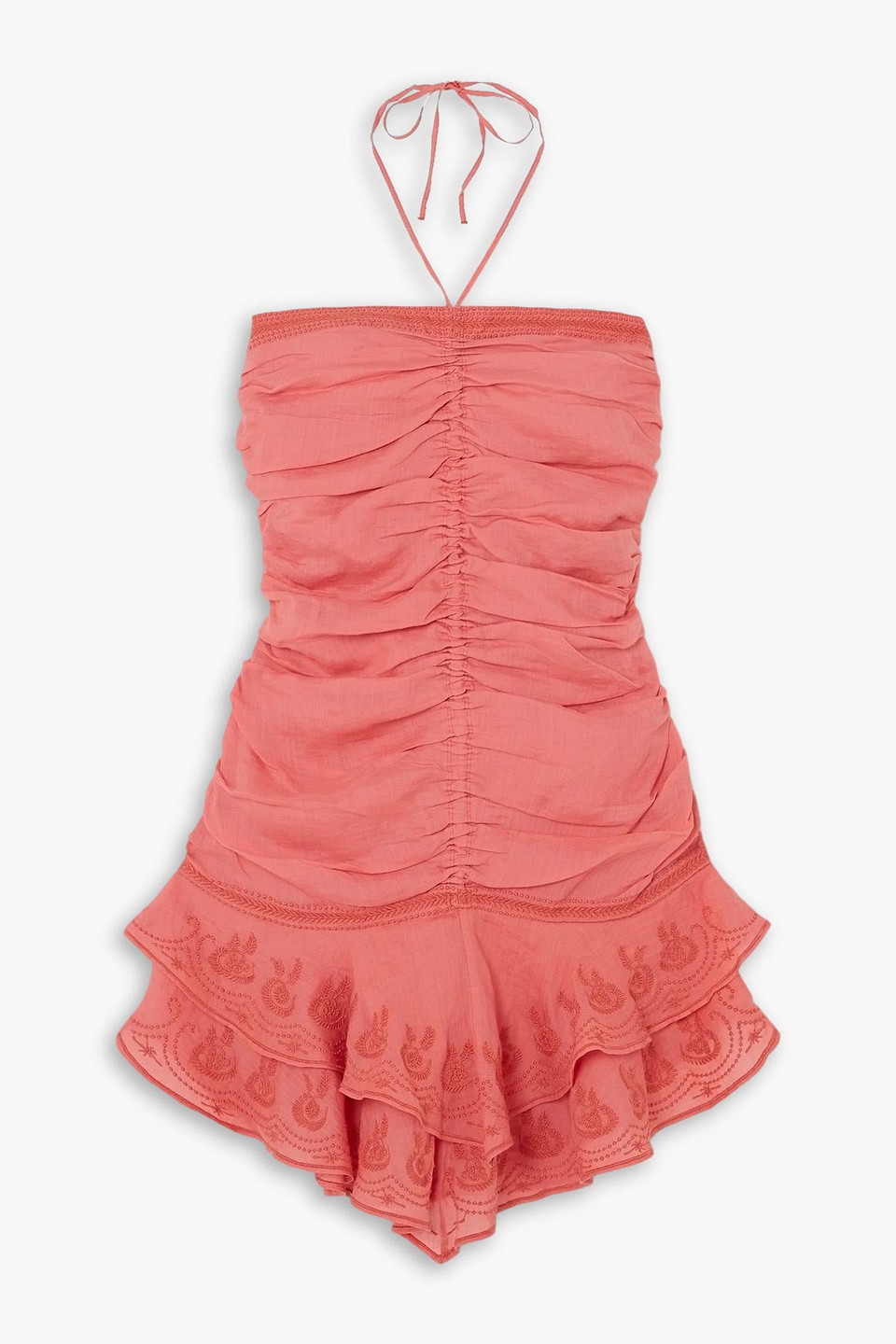 isabel marant - emanuela ruched embroidered ramie halterneck mini dress - orange - fr 38