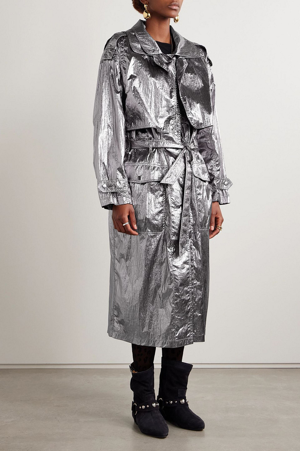  Isabel Marant - Trenchcoat „laika“ Aus Shell Mit Gürtel Und Metallic-effekt In Knitteroptik - Metallic - Fr 34 