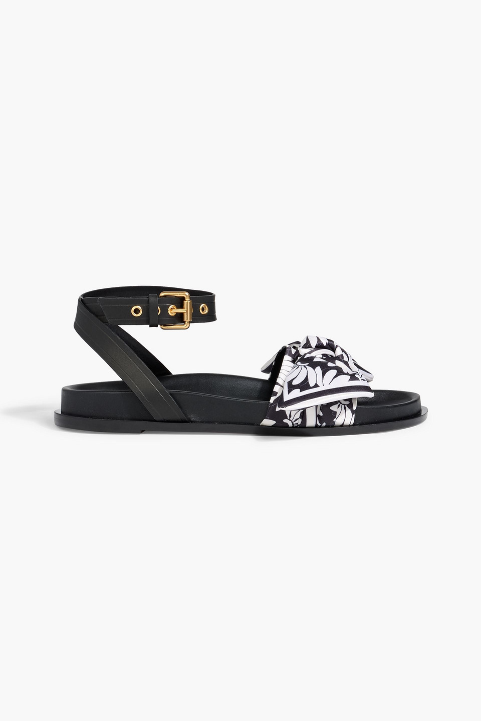Farm Rio Bow-detailed Printed Satin And Leather Sandals In Black