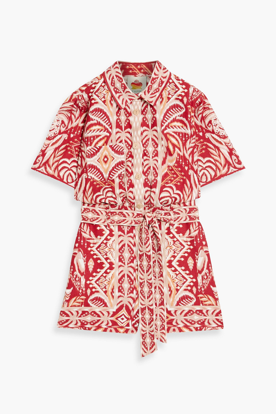farm rio - printed linen-blend playsuit - burgundy - xs