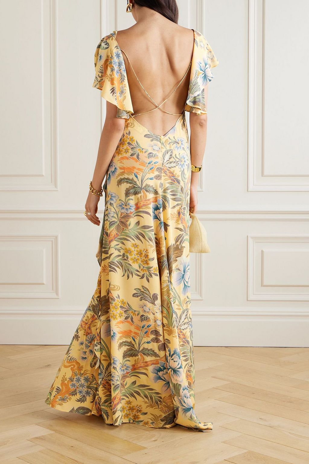 Ruffled, open-back floral-print crepe maxi dress - mustard - IT 46