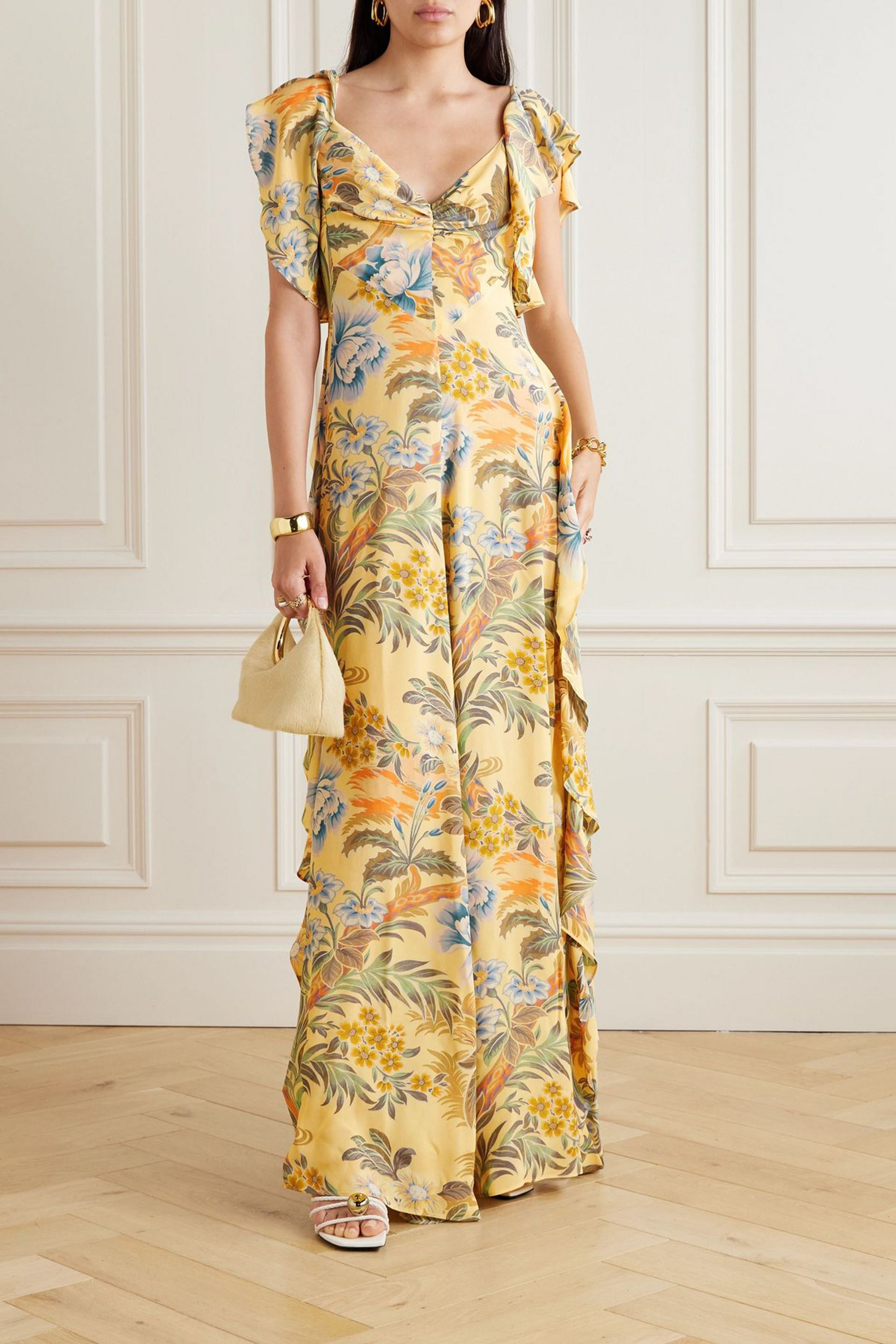 Etro Ruffled, open-back floral-print crepe maxi dress