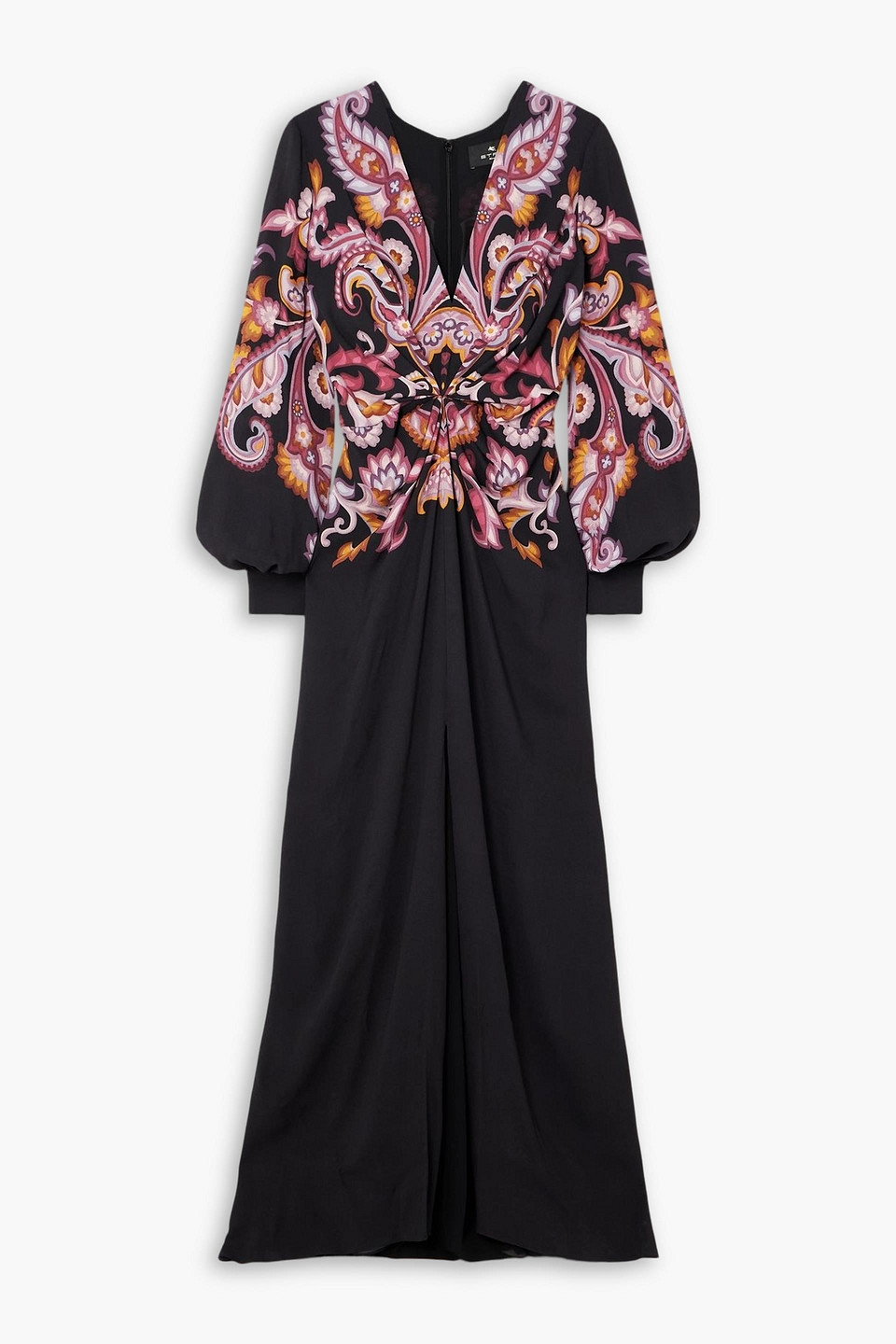 etro - gathered printed crepe de chine maxi dress - black - it 36