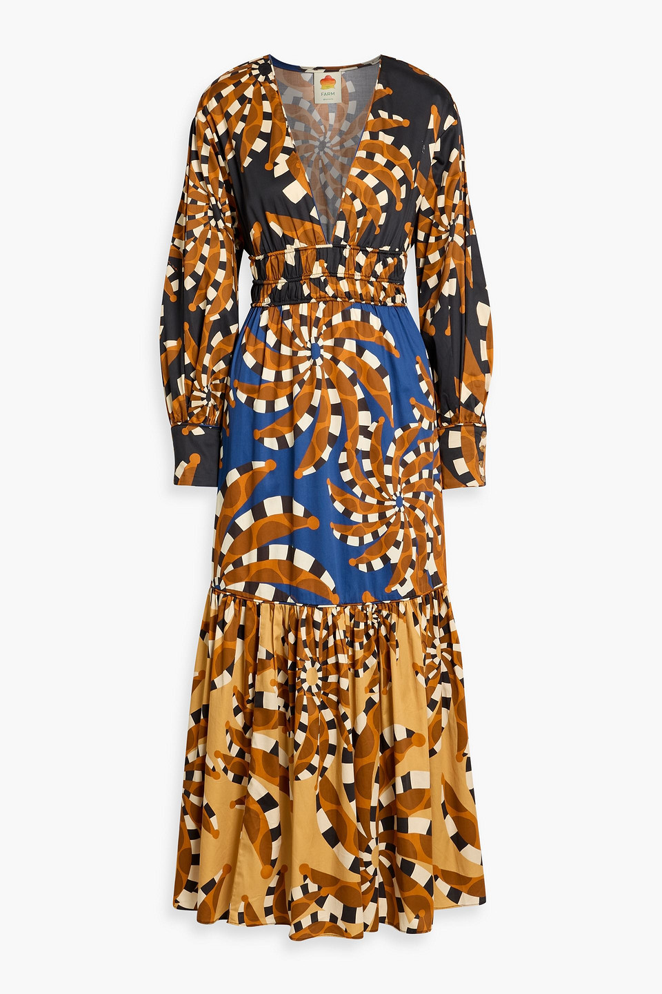 Farm Rio Ruched Printed Cotton-blend Poplin Maxi Dress In Multi