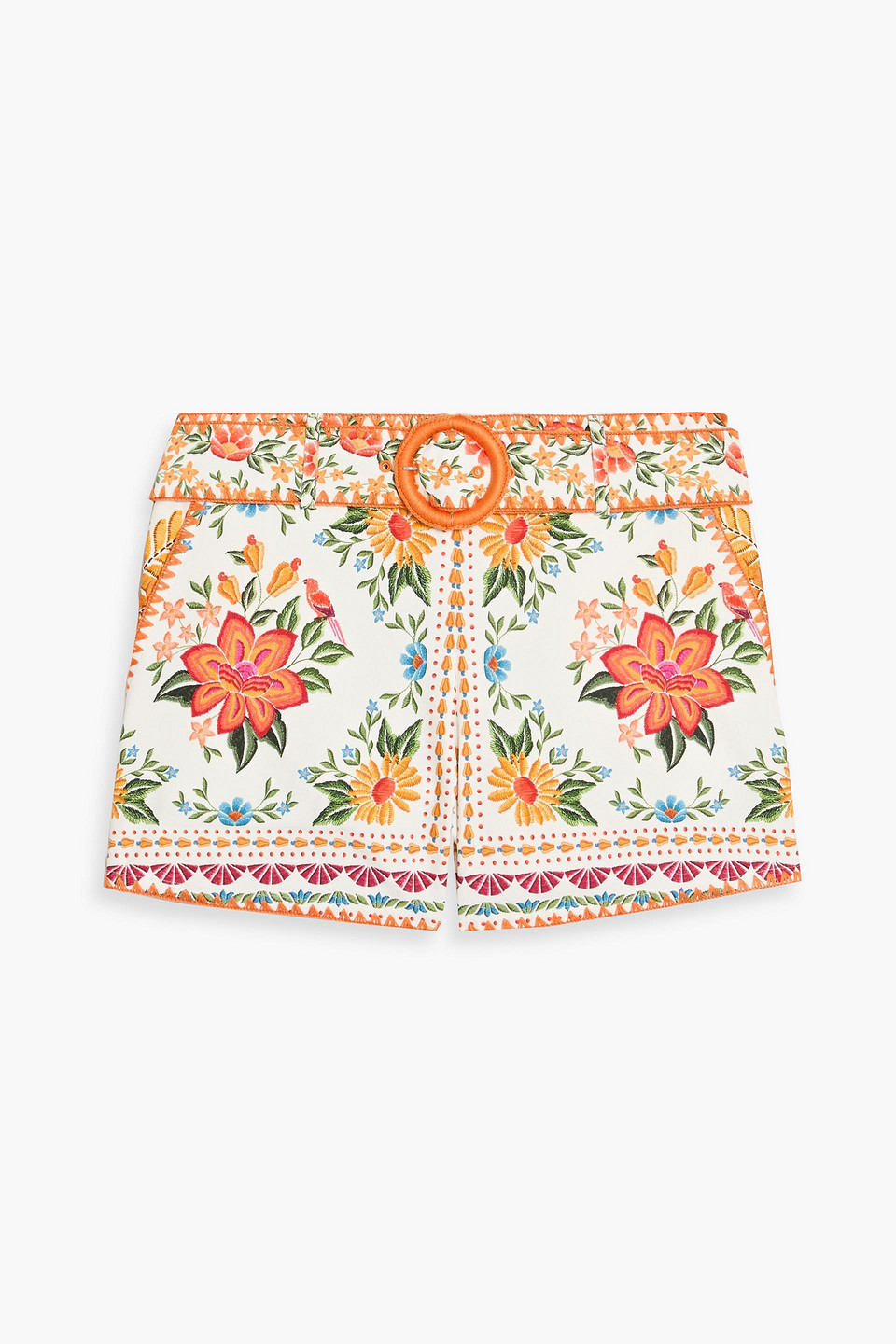 farm rio - belted printed cotton-twill shorts - orange - 31