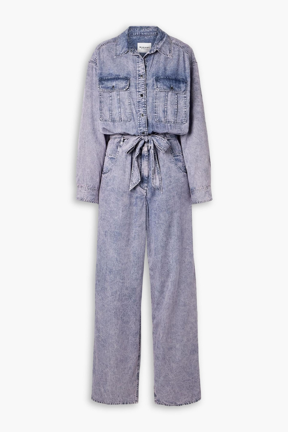 marant étoile - paige belted acid-wash lyocell-chambray jumpsuit - blue - fr 38