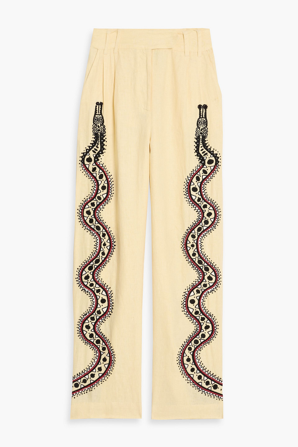 farm rio - embellished linen wide-leg pants - yellow - s