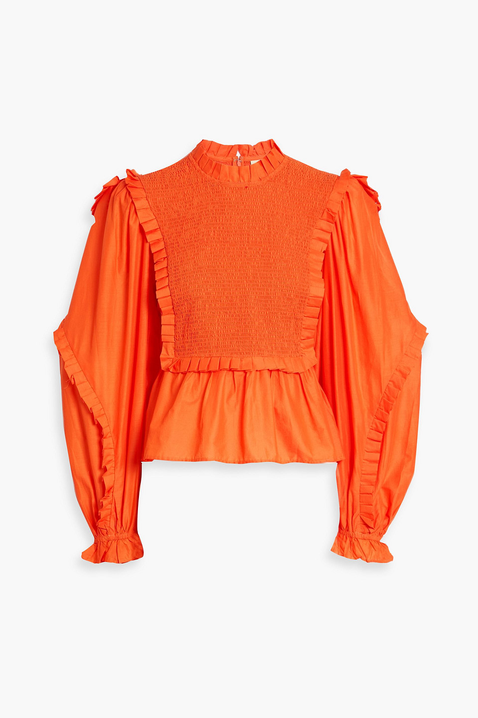 farm rio - shirred ruffled cotton-voile blouse - orange - m