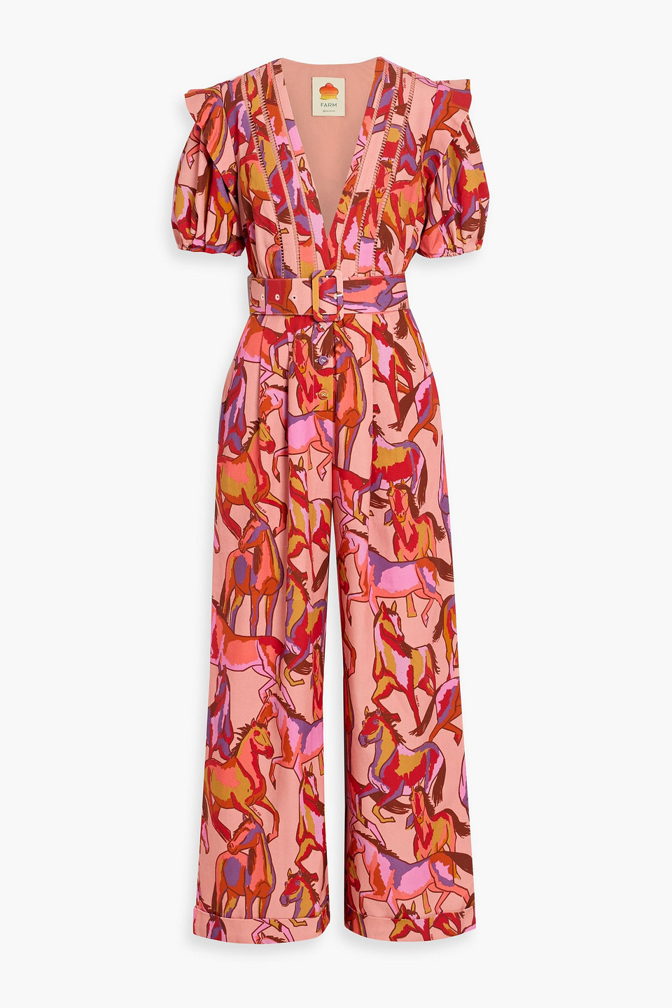 farm rio - belted printed lyocell and cotton-blend wide-leg jumpsuit - pink - s