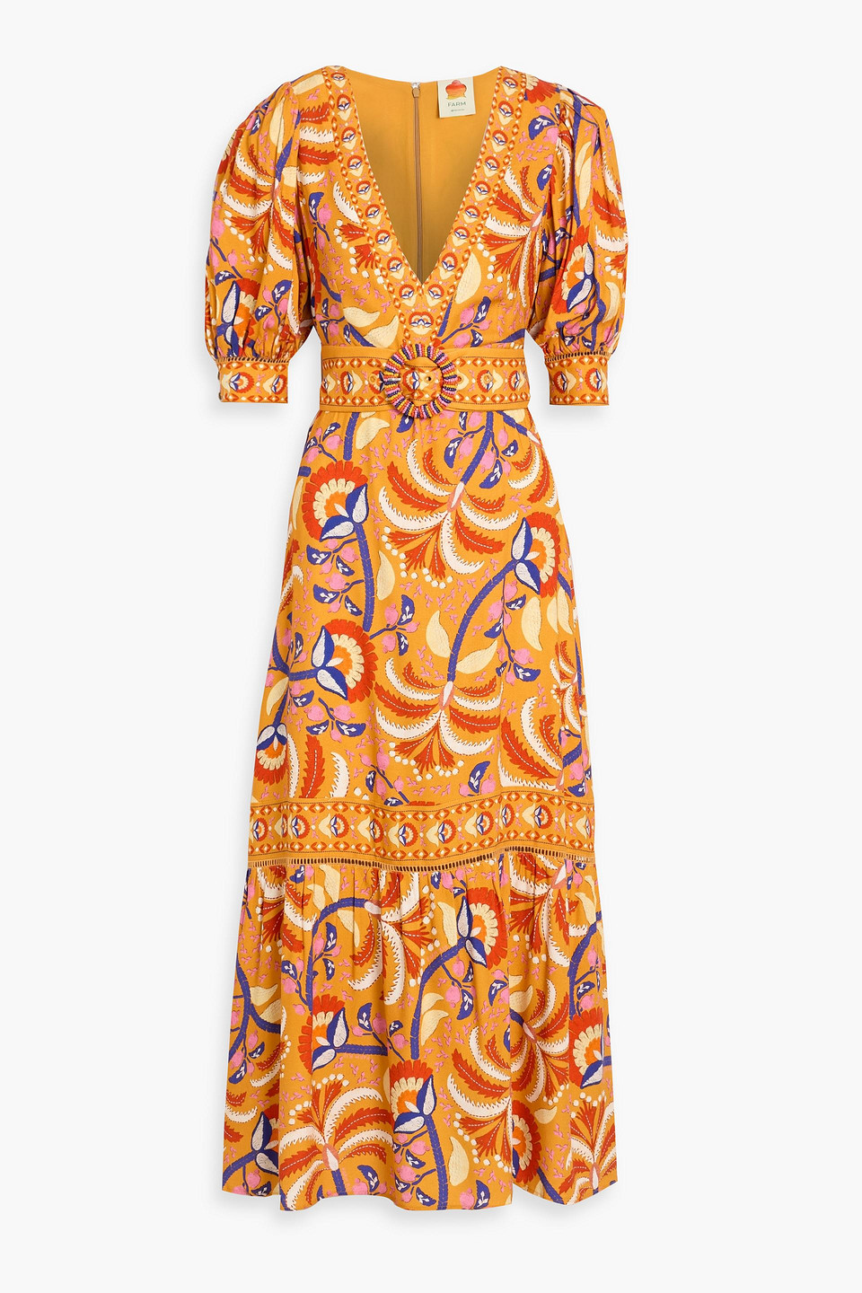 farm rio - belted floral-print crepe maxi dress - yellow - xs