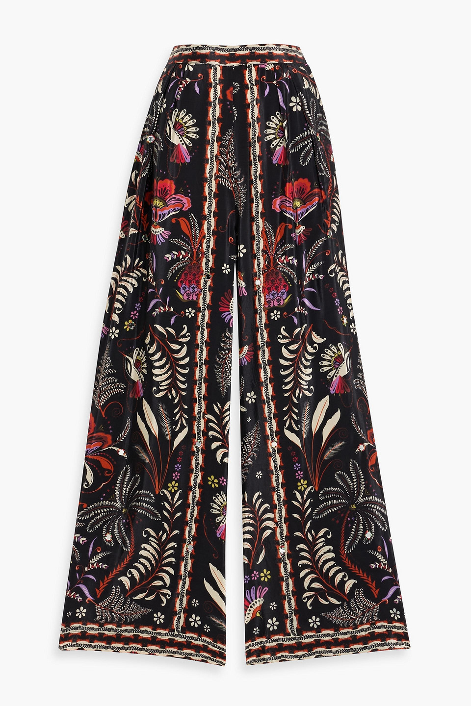 farm rio - embellished printed satin wide-leg pants - black - s