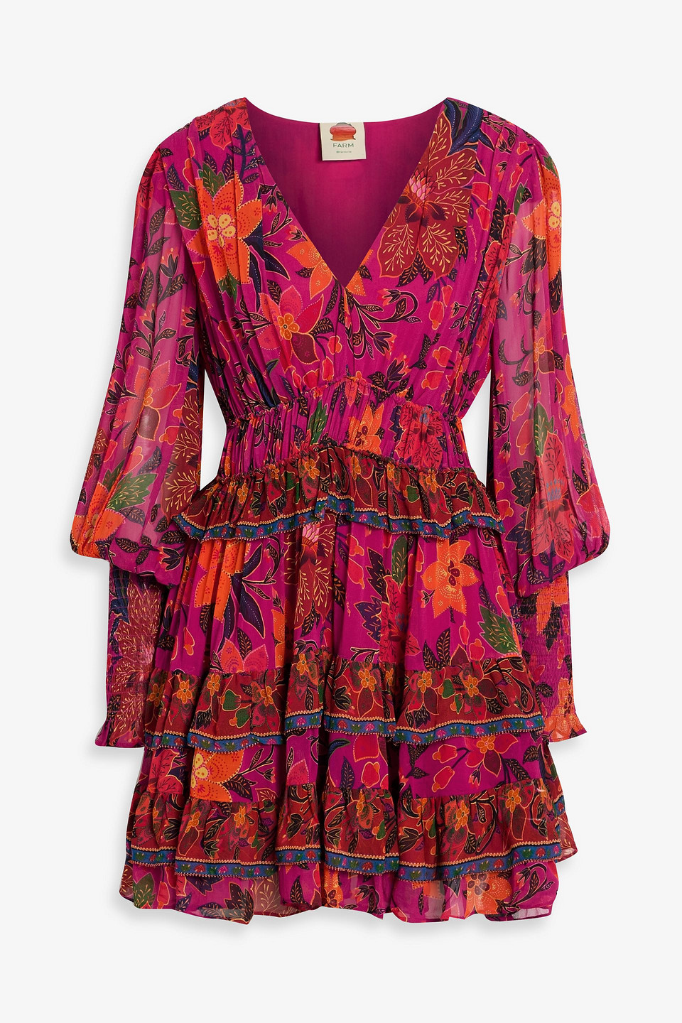 Farm Rio Tiered Floral-print Chiffon Mini Dress In Pink