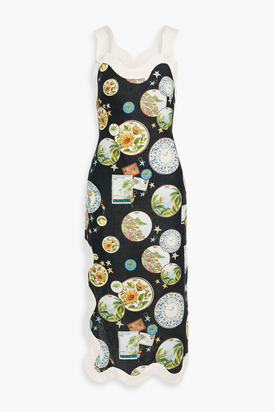 farm rio - printed linen midi dress - black - xs
