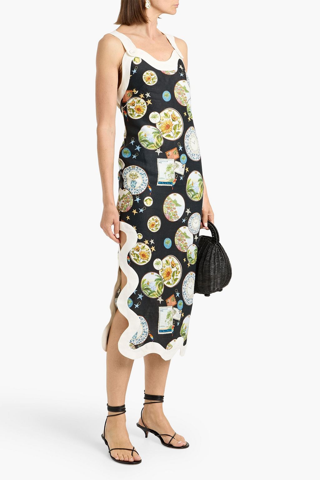 Farm Rio Linen Trip Souvenir Wave Cropped Sleeveless Maxi Dress