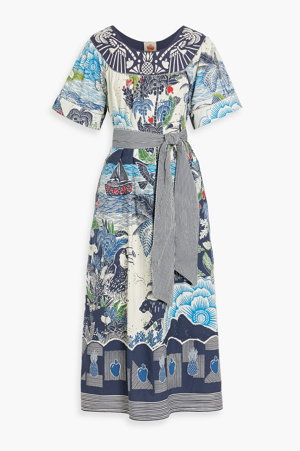 farm rio - printed cotton-poplin midi dress - blue - s