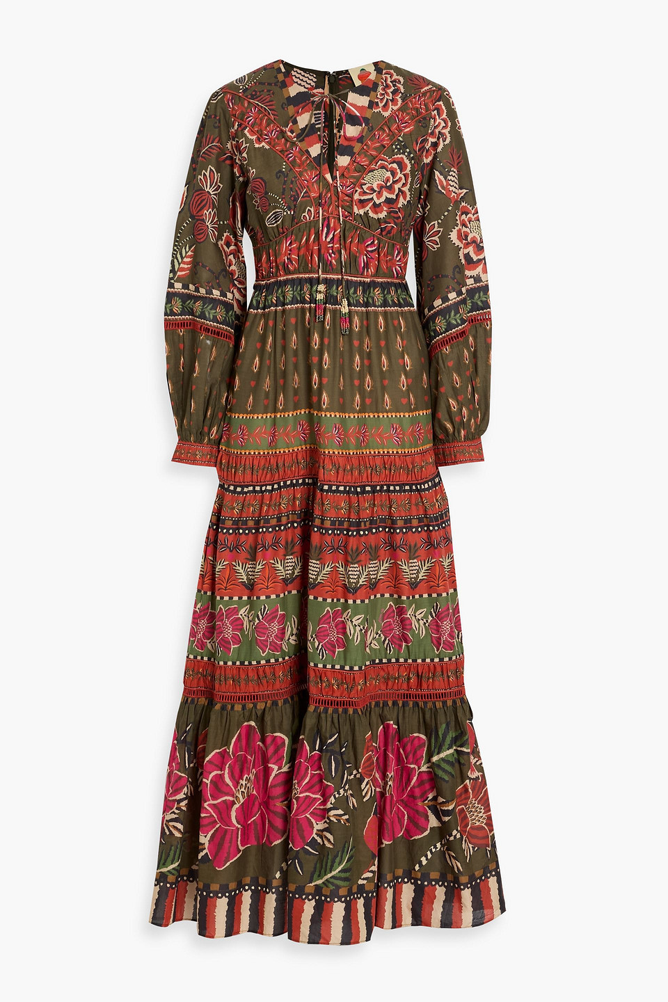 farm rio - tiered printed cotton-voile maxi dress - green - l