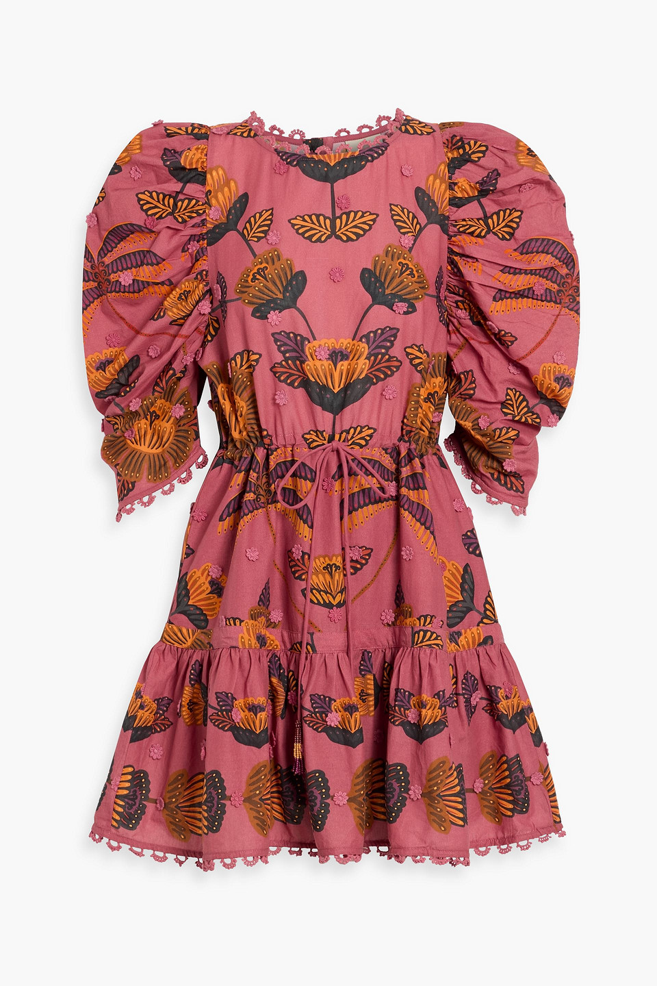 farm rio - floral-appliquéd floral-print cotton-voile mini dress - pink - xs