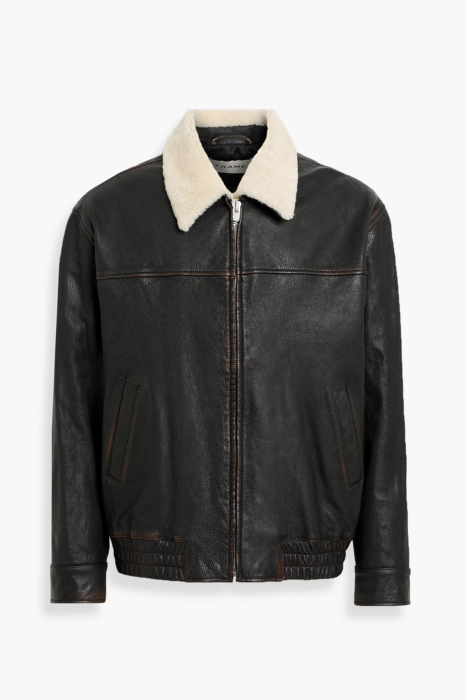 frame - shearling-trimmed leather biker jacket - black - l