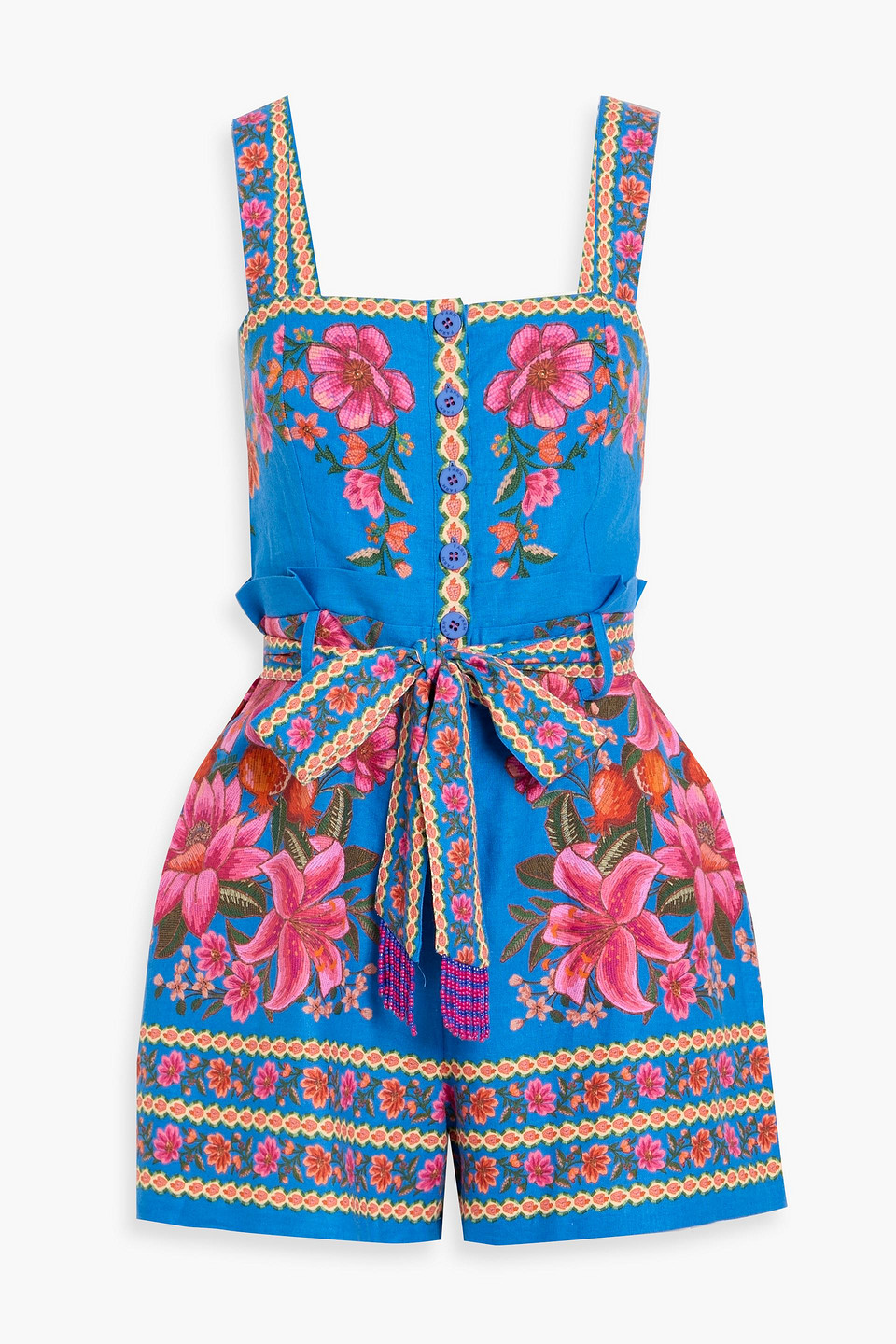 farm rio - belted floral-print linen-blend playsuit - blue - xs