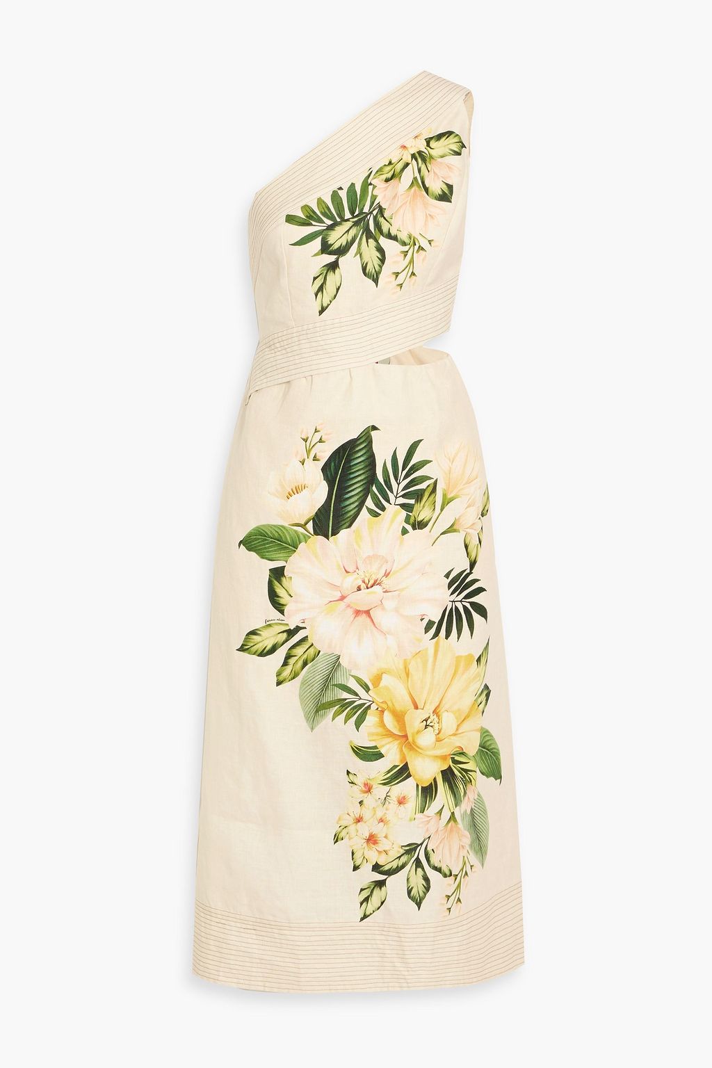 One-shoulder cutout floral-print linen midi dress - beige - One Size One-shoulder cutout floral-print linen midi dress - beige - One Size